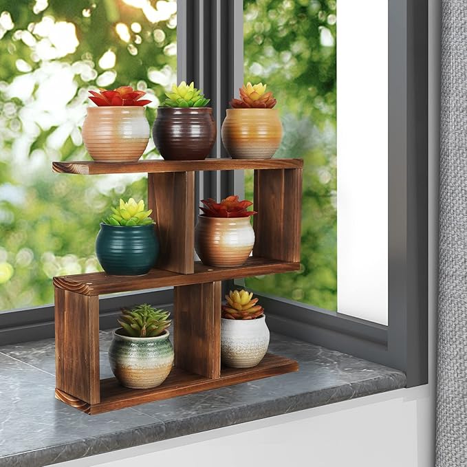 Jotsport Window Sill Plant Stand Small Wood Plant Shelf for Succulents 3 Tier Tabletop Desktop Plant Dislay Rack