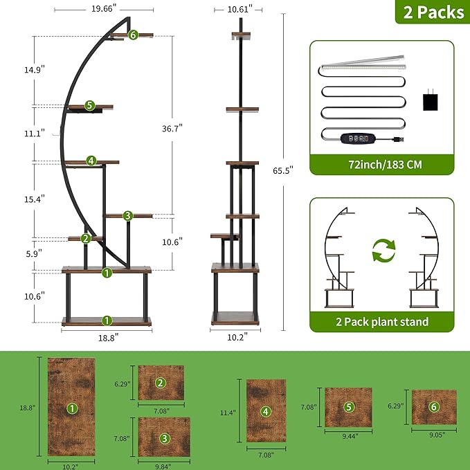 Plant Stand Indoor with Grow Lights: Large Plant Shelf for Multiple Plants, 2 Pack Plant Racks 7 Tiered, Lighted Corner Flower Stands Half Moon, Black Plant Holders Indoor Tall for Living Room Patio