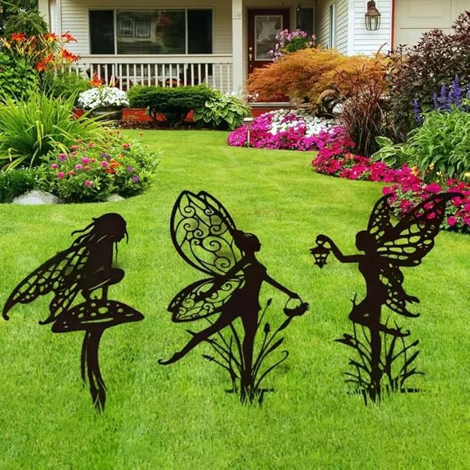 3pc Metal Garden Stake,Garden Fairy Metal Outdoor Decor for Your Patio and Lawn,Insert Silhouette Plaque Statue