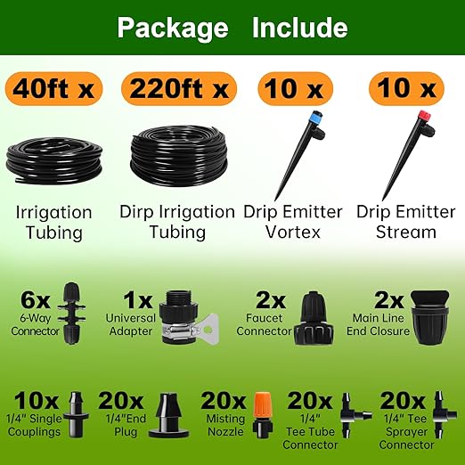 260 FT Drip Irrigation System Kit, Automatic Garden Watering System with 2/5" & 1/4" Tube for Greenhouse, Lawn, Raised Bed, Micro Misting Plant Sprinkler System, Adjustable Drip Emitters