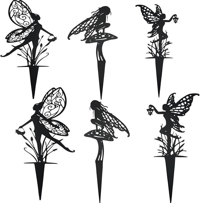 Decorative Garden Stakes， Fairy Garden Stakes, Butterfly Fairy Stakes for Weather Resistant Black Metal Outdoor Decorative Art for Women Gift (Matte Black, 6P-A)