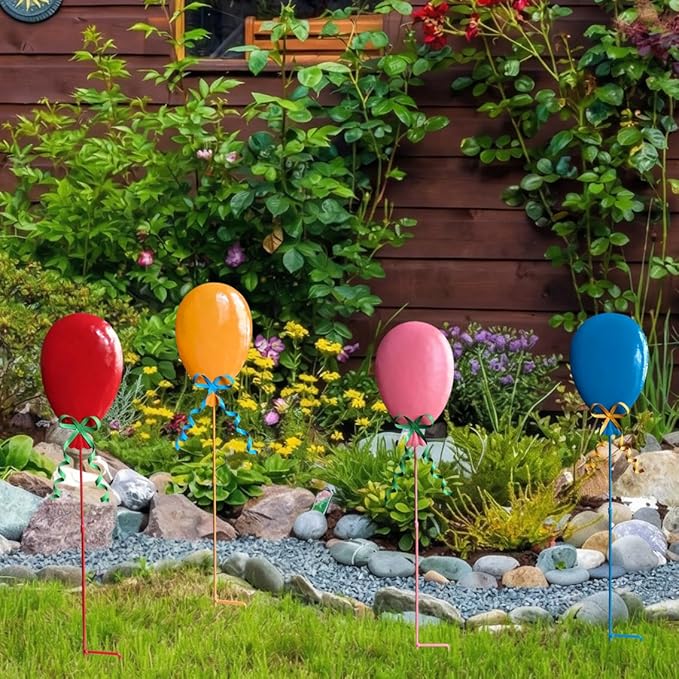 32" Decorative Garden Stakes Set of 4, Happy Birthday Yard Stakes, Metal Balloon Yard Art, Rustproof Metal Garden Decor & Yard Decorations Outdoor, Metal Flowers for Outside in 4 Colors