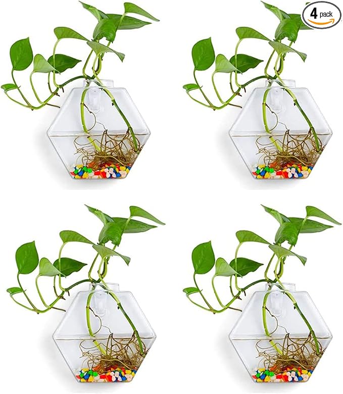 4 Pack Wall Hanging Plant Terrariums, Wall Mounted Hexagon Shape Glass Planter Flower Vase, Geometric Hydroponics Plant Propagator for Home Office Living Room Decor