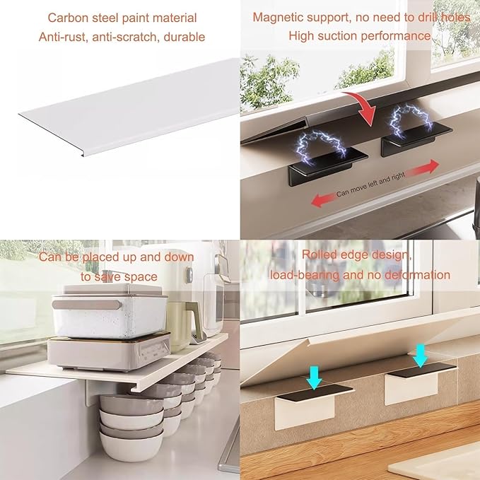 Window Sill Extender Plate, White Carbon Steel Storage Shelf, Countertop Extension Board with Magnetic Base for Kitchen Bathroom Balcony (60x25cm/23.6x9.8in)