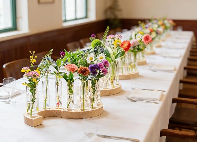 Melphoe Glass Bud Vases Small Flower Vase for Centerpieces Wedding Table Decorations, Home Decor, Propagation Station Plant Terrarium with Wooden Stand, Unique Plant Lover Gifts for Women (Beige)