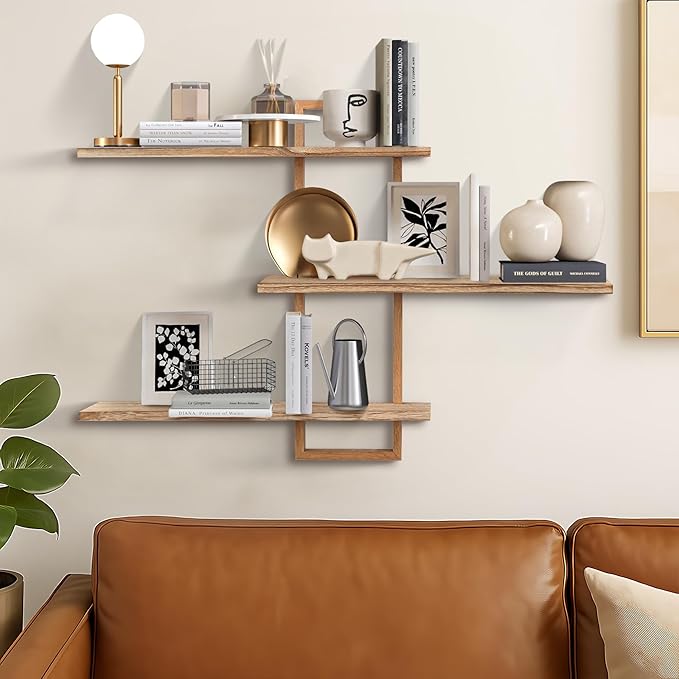 3 Tier Wall Shelves,Decorative Floating Shelf for Wall,Plants Photo Shelf Storage Display Shelving Wood for Living Room Bedroom Kitchen Home Office Decor,Modern,Large,22 Inch(Carbonized Black)
