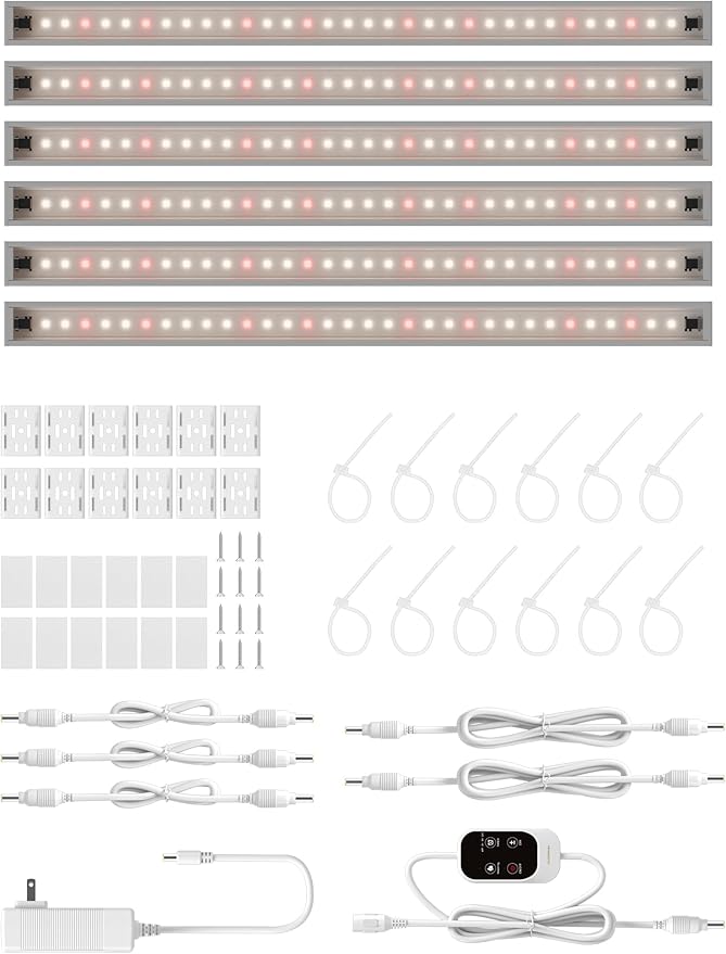T5 Smart Grow Light for Indoor Plants,3500K Full Spectrum LED Plant Light Strips with 3/9/12H Auto Timer,Stepless Dimming,Modular Design，Plug and Play (White, 6 Pack)