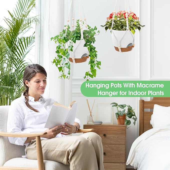 Vanslogreen Hanging Planters for Indoor Outdoor Plants, 2 Pack Self Watering Hanging Pots, Hanging Plant Baskets with Drainage Holes & 2 Types of Plant Hangers (White, 6'')