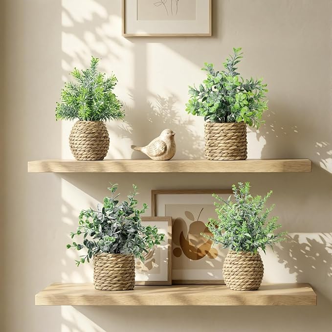 Small Fake Potted Plants: 7 Inches Artificial Plants with Seagrass Handwoven Planters, Indoor Farmhouse Spring Decorations, Eucalyptus Plant for Home Bathroom Office Shelf Tabletop Desk Room Decor