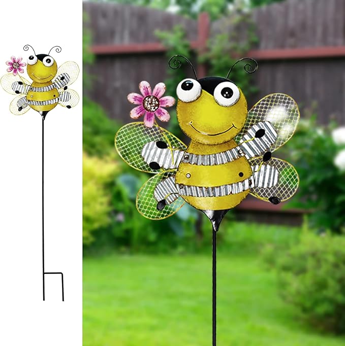 Garden Decor Metal Yard Stakes Spring Lawn Art Decorative Plant Stake Indoor Outdoor Ornaments Decoration for Patio Pathway Backyard (Bee)