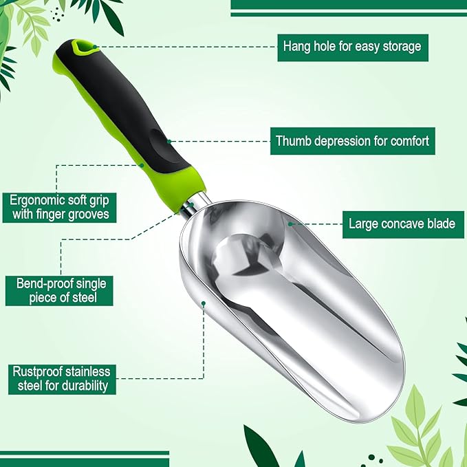 2 Pcs Soil Scoop 13.39 x 3.82 Inch Aluminum Transplanter Trowel Bend Proof Garden Tools Large Heavy Duty Hand Shovel with Comfort Soft Non Slip Grip Handle Garden Gifts for Digging Fertilizer (Green)