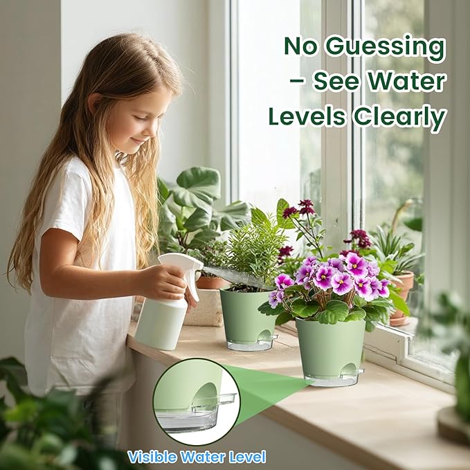 Meowell 7 inch Self Watering Pots for Indoor Plants, 5 Pack Plant Pots with Drainage Holes & Clear Reservoir for Visible Water Level, Plastic Wicking Planter Pots for House Plants and Flower, Green