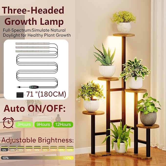 Yzosvki Corner Plant Stand Indoor with Grow Lights, 6 Tiered Corner Plant Shelf Flower Stand for Multiple Plants, Plant Shelves Organizer Rack for Living Room, Balcony, Patio, Round Rustic Brown