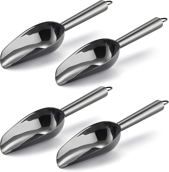Mini Ice Scoop Set of 4, E-far 3 Ounce Platinum Black Stainless Steel Scoops for Candy/Flour/Sugar, Small Metal Scoops for Party/Canisters Jars/Kitchen Bar/Ice Maker, Rust Proof & Dishwasher Safe