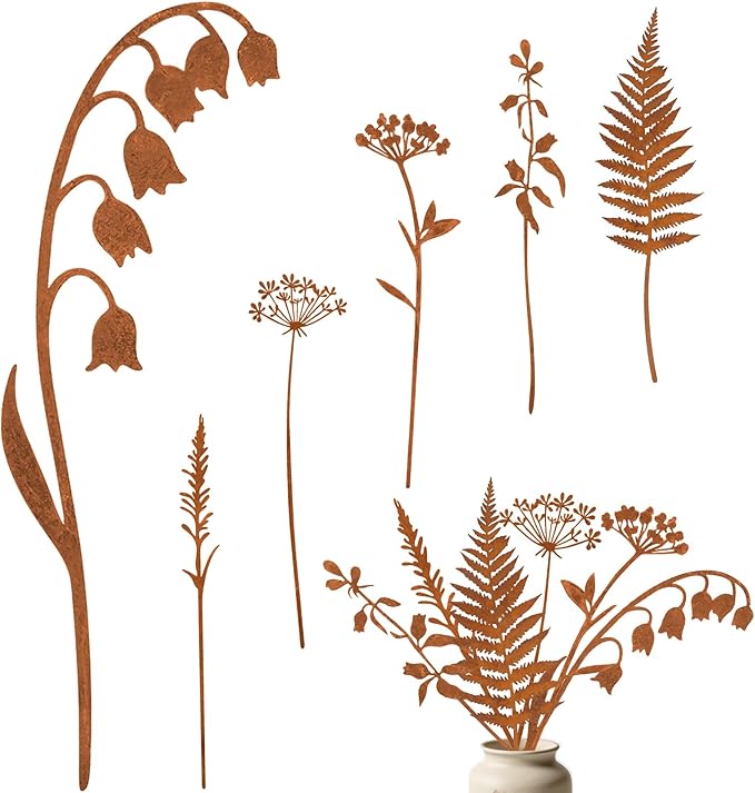 6 Pcs Metal Flowers for Outside, Decorative Garden Stakes with Rusted Finish, Outdoor Metal Yard Art Plant Stakes for Flower Bed Lawn Walkway Decor
