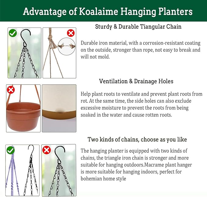 Koalaime 2 Pack Hanging Planters Set,10 Inch Indoor Outdoor Hanging Plant Pot Basket,Hanging Flower Pot with Drainage Hole with 3 Hooks for Garden Home(Purple Hanger White Planters)