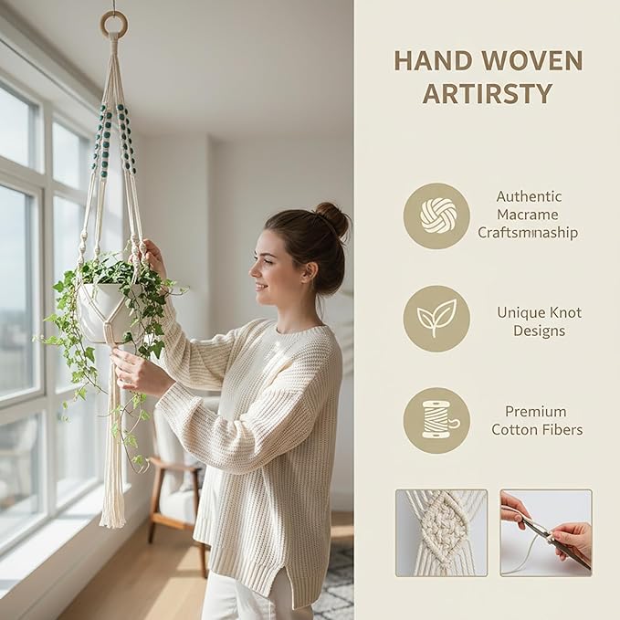 8-Pack Bohemian Macrame Plant Hanger kit, Boho Indoor Window Pot Hanger with Wooden Beads, Hanging Flower Pot Holder with Wooden Ring,Creative Handmade Boho Chic Plant Holder Length 39″