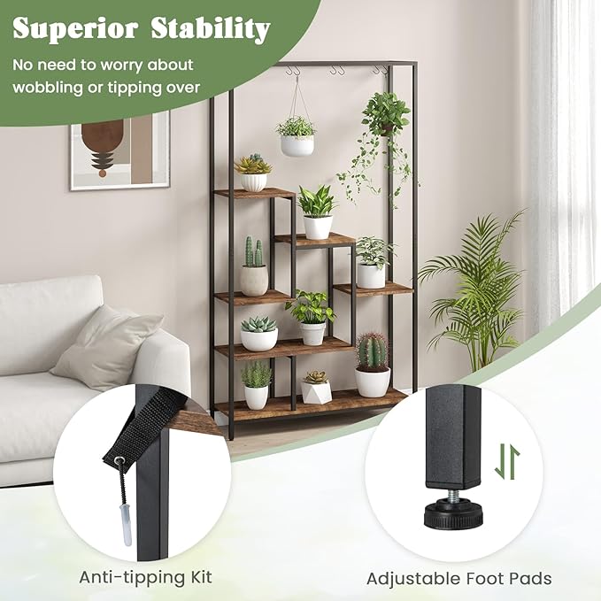 6-Tier Plant Stand Indoor, 70.9" Tall Plant Stand with 10 S Hanging Hooks, Metal Plant Shelf Corner Plant Stands for Indoor Plants, Garden, Balcony, Living Room (Brown)
