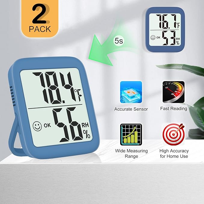 Antonki 2 Pack Room Thermometer for Home, Hygrometer Indoor Humidity Meter Gauge, Digital Temperature and Humidity Monitor Sensor for House, Terrarium, Incubator, Greenhouse - Battery Included