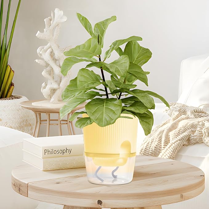 3 Pack Self Watering Planter Pots for Indoor Plants - 5.5 Inch African Violet Pots with Wick Rope - Yellow