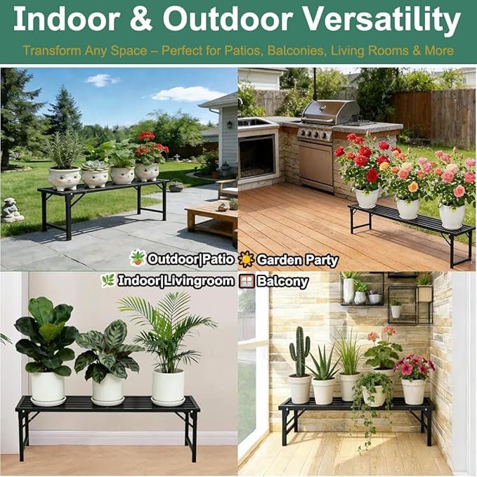 Foldable Plant Stand, No Assembly Heavy Duty Iron Plant Shelf, Rustproof Single Tier Plant Rack for Indoor Outdoor, Long Narrow Flower Stand for Patio Balcony Garden Living Room, 33" L x 9.7" W x 11.7" H
