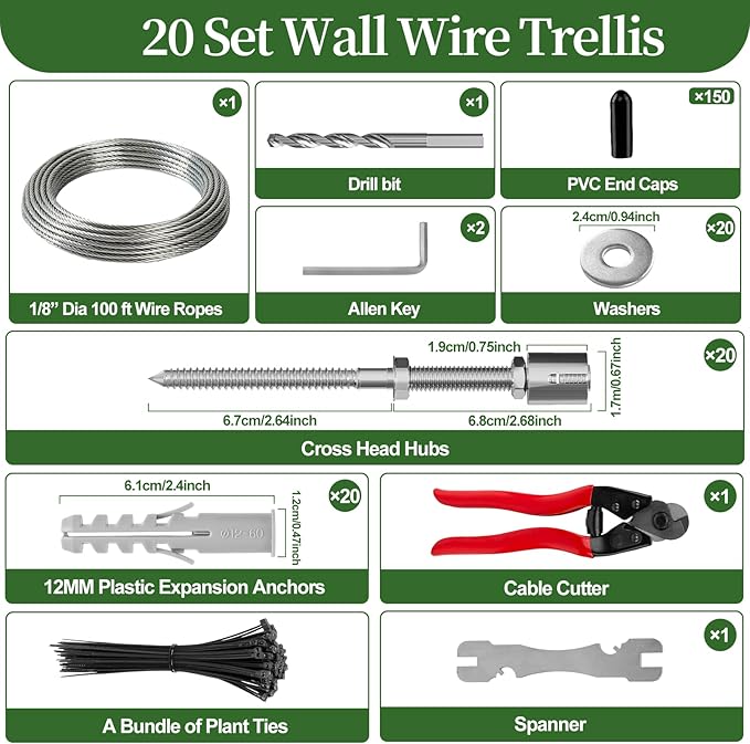 SPECILITE Wire Trellis for Climbing Plants Outdoor, 20-Set T316 Stainless Steel Wall Trellis Kit, 1/8in x 100ft Ropes with Cable Cutter, Espalier System for Fence Wall and Garden DIY