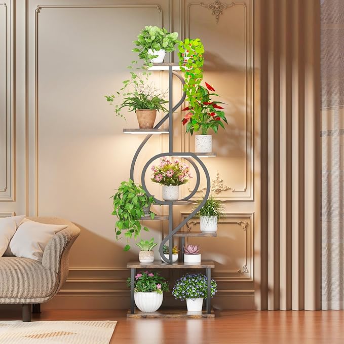 YAKANJ Plant Stand Indoor with Grow Light,8 Tiered Indoor Plant Stand,58" Tall Plant Flower Shelf,Creative Note Shaped Plant Holder for Home,Patio,Brown