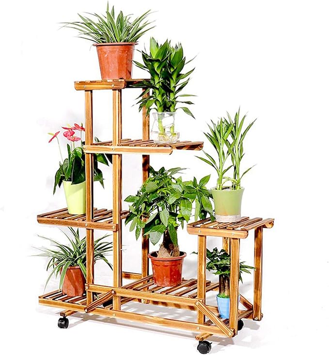 unho Plant Stand with Wheels: 6 Tiered Wooden Shelf Rolling Storage Rack Holder for Patio Garden Livingroom Balcony Yard Indoor Outdoor Display Potted Flowers Succulents Herbs