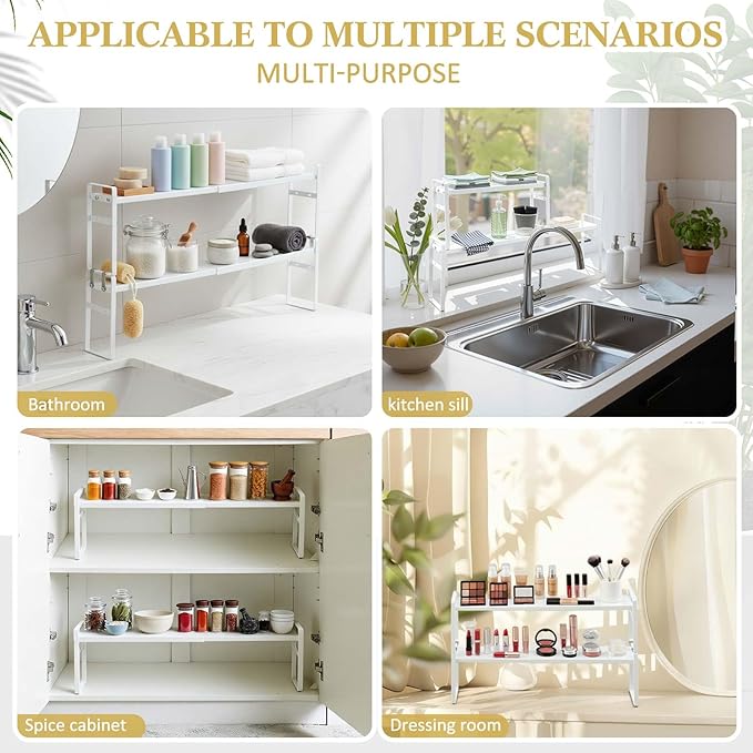 2 Pcs Expandable Window Sill Plant Shelf, 13.7 x 3.5 x 7.28 Inches, Stackable Narrow over The Sink Shelf, Adjustable Height Metal Window Sill Extender Shelves for Kitchen Bathroom (White)