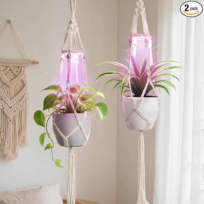 2 Pack Macrame Plant Hanger with Grow Light: Boho Hanging Planters with Light for Indoor Plants, Ideal for Apartments, Small Spaces, Low-Light Rooms (GrowPro Spectrum)