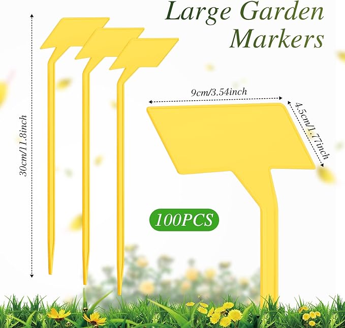 202 Pcs Large Plant Labels Kit, Include 100 Outdoor Plastic Plant T Type Tags Waterproof Reusable Plant Markers Stakes, 100 PET Films and 2 Marker Pens for Garden Herbs Flowers Pot (Yellow, 11.8 Inch)