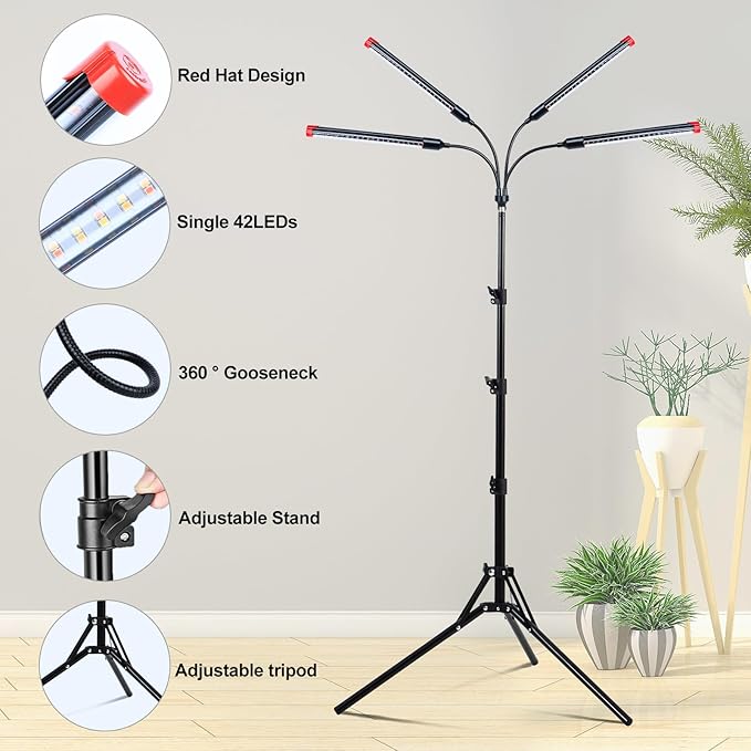 4Head Grow Light with Stand, Grow Lights for Indoor Tall Plants, Bonsai Tree, 4/8/12/16/20H Timer, 36 Watt Power Draw, NO Need Adapter, Bright and Big Coverage, Best Gift for Plants Lover