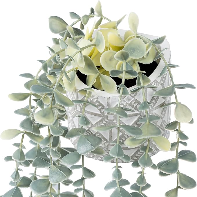 MyGift Wall Mounted Artificial Eucalyptus Plant in Modern Geometric Embossed Pattern Cement Concrete Planter Pot, Fake Faux Decorative Potted Greenery Decor