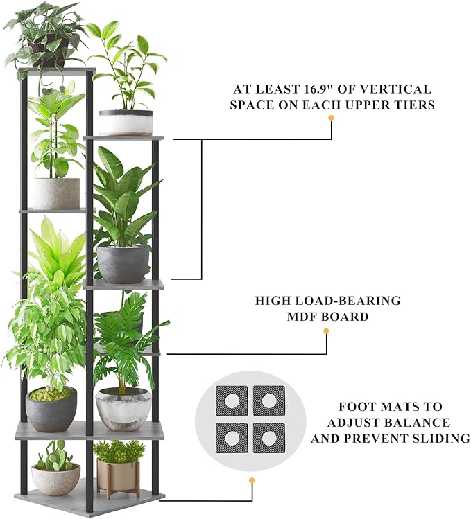Tall Plant Stand Indoor, 7-Tier Modern Plant Shelf for Multiple Plants, Wood Metal Flower Holder for Living Room Balcony Bedroom, Oak Grey