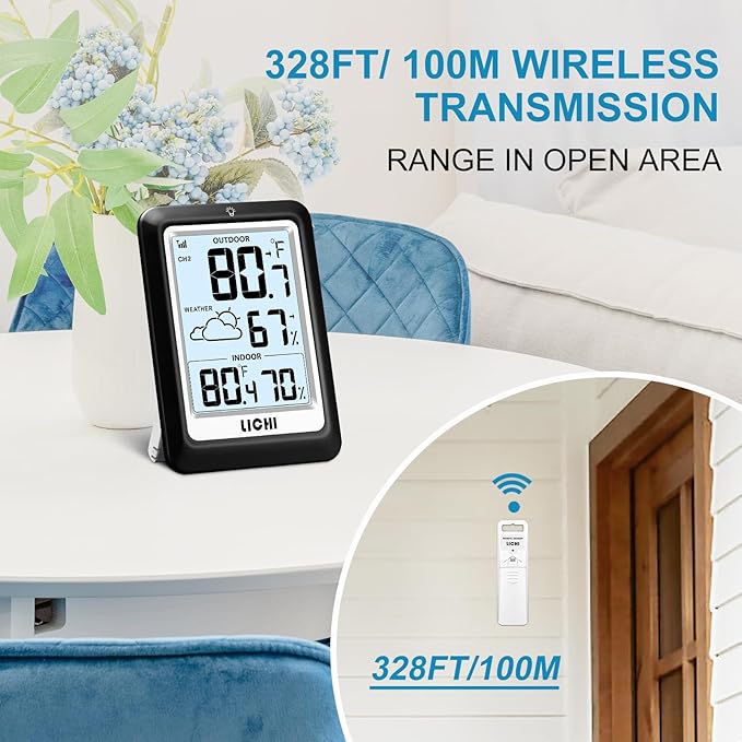 Indoor Outdoor Thermometer Wireless Weather Station, Internal External Thermometer Hygrometer, Home Batteryoperated Temperature Humiditymonitors330 Feet (About 100 Meters) Backlight Display (Black)