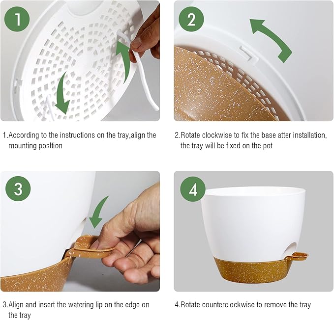 UOUZ 12 inch Large Self Watering Pots, Plastic Planters with 60oZ Removable Deep Reservoir and Multi Mesh Drainage Holes for Indoor Outdoor Garden Plants and Flowers, White with Brown