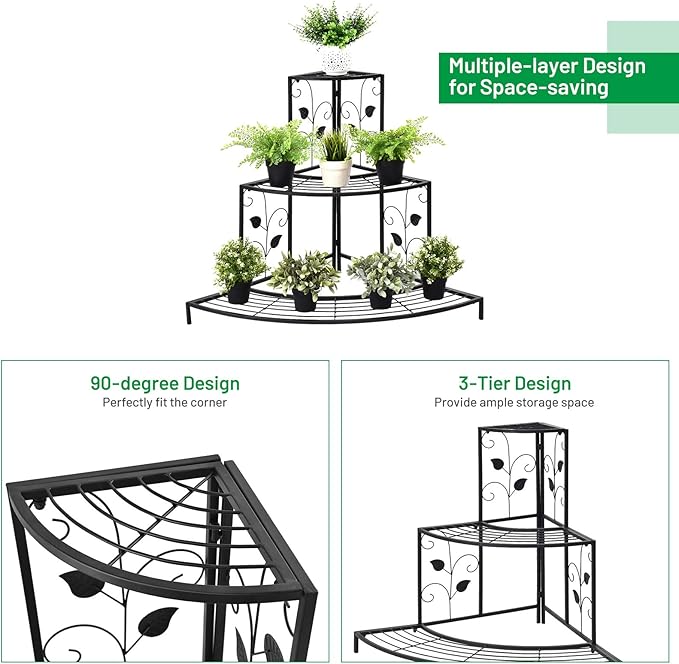 S AFSTAR Corner Plant Stand, 3-Tier Mental Plant Stand, Plant Flower Pot Display Rack, Pot Holder Shelf, Rustproof Ladder Potted Shelf, Outdoor Plant Stands for Patio Garden Yard Balcony (Black)