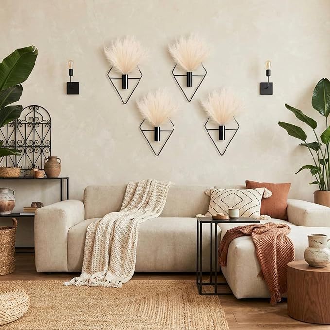 Jexine 4 Pcs Plant Wall Decor Diamond Shape Hanging Planters with Artificial Plants Geometric Wall Decor Metal Hanging Vase Indoor Holder for Living Room Bathroom Home(Pampas)