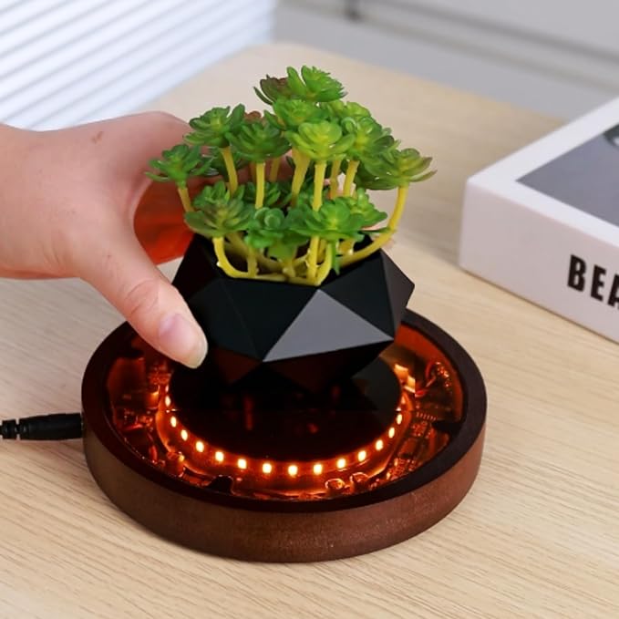 MOOCCI Magnetic Levitation Lamp, Floating Plant Pot with Glowing Base for Home Decor, Creates Romantic Ambiance, Modern Nightstand Lamp and Thoughtful Gift for Lover (Black)