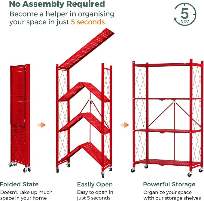 DEANIC 4 Tier Foldable Storage Shelves with Wheels, Large Capacity Shelving Unit, Freestanding Metal Wire Shelf Rack, No Assembly Organizer Rack for Garage Kitchen, Basement, Pantry(Red Pack of 2)