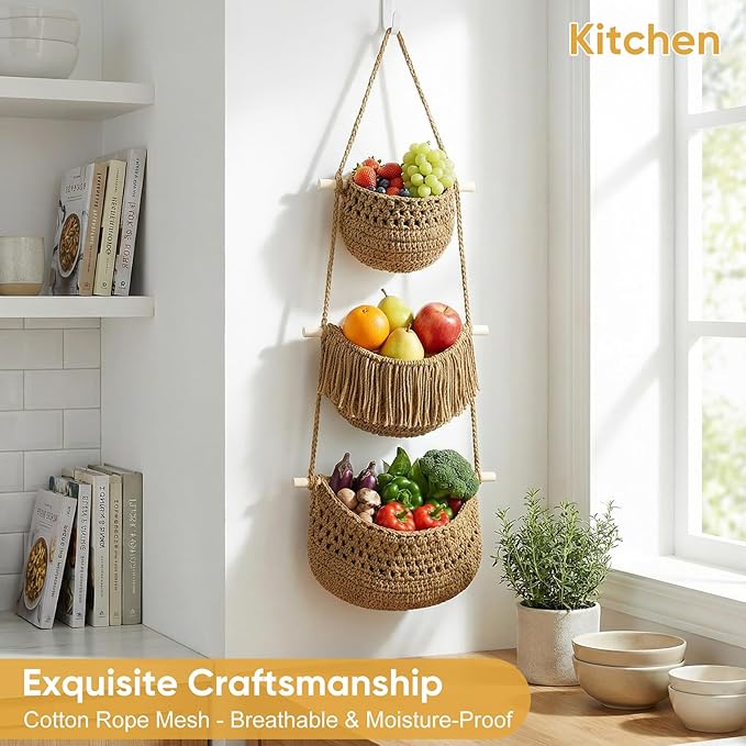 Boho Style Handwoven Rope Hanging Basket - 3-Tier Detachable Storage Organizer for Kitchen/Bathroom/Entryway, 3 Included Heavy-Duty Hooks, 7 Color Options Available (Brown)