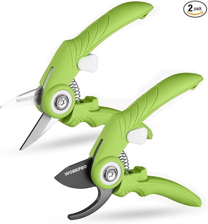 WORKPRO 2-Pack 6.9" Garden Pruning Shears, Bypass & Straight Gardening Scissors with SK5 Steel Blade, Handheld Garden Floral Clippers for Rose, Plants, Flowers, Gardening Gifts for Women & Men, Green