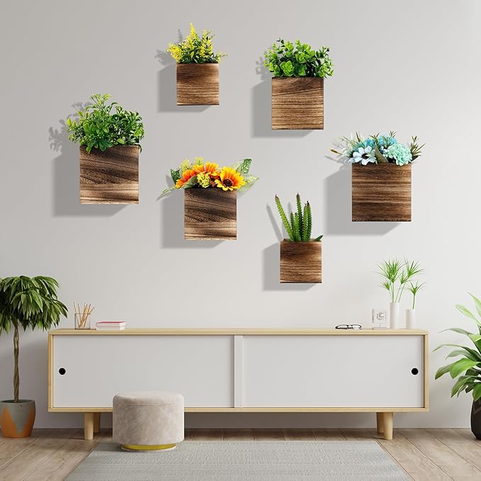 Ziliny 6 Pack Rustic Wood Wall Planters Hanging Wall Planters Pocket Vases Hanging Decor Vase for Plants Dried Flowers Faux Greenery Plants Indoor Living Room Bedroom Farmhouse Home Decor (3 Sizes)