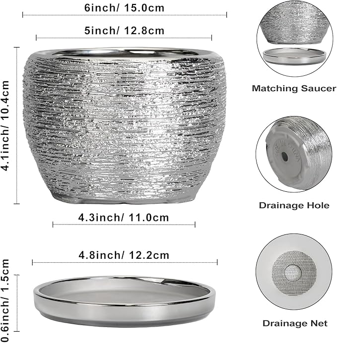 SQOWL Ceramic Plant Pots - 6 Inch Planter for Indoor Outdoor Plants, Modern Round Flower Pots with Drainage Hole and Saucer, Decorative Small Planter, Office Decor, Gifts for Women Men, Silver