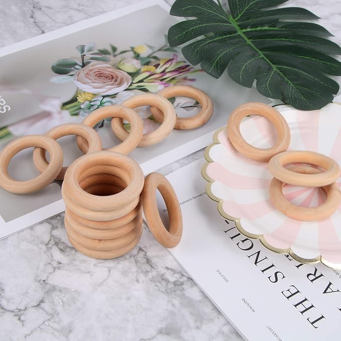 15 Pcs Macrame Wooden Rings, Natural Unfinished Solid Wood Rings for DIY Craft Pendant Connectors (55 mm)