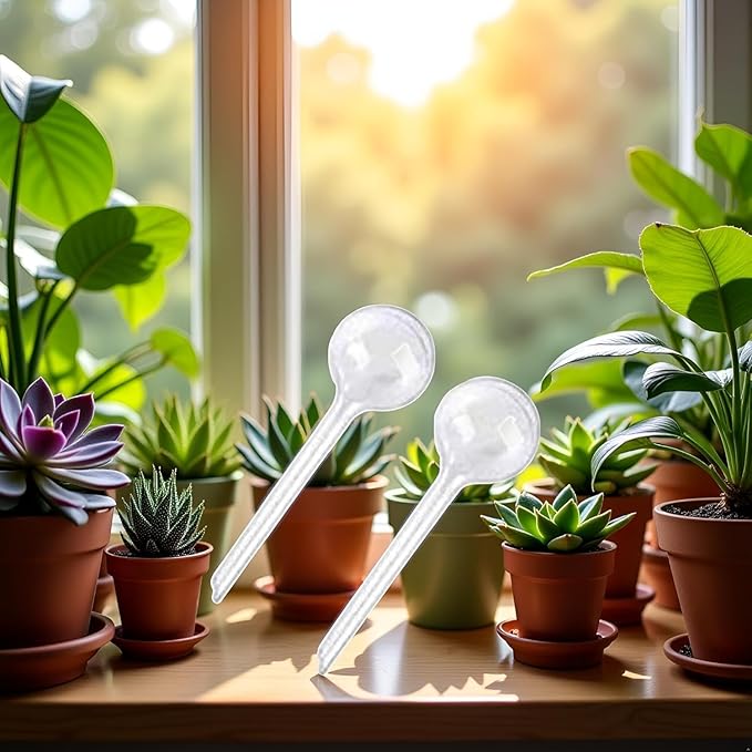 Plant Watering Globes, 2Pcs Plastic Plant Automatic Water Bulbs Flower Self Feeder Balls Irrigation Device Auto Waterer Planter Insert Stakes for Indoor Outdoor Garden Potted