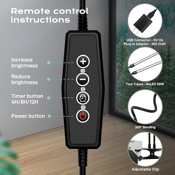 iPower Full Spectrum Clip Plant Growing Lamp with 84 White Red LEDs for Indoor Plants, 3 Modes Timing Function & 5 Dimmable Levels