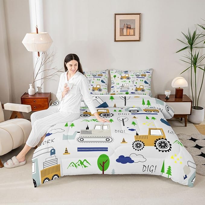 Feelyou Construction Comforter Set Full Size Equipment Trucks Bedding Set for Kids Boys Construction Vehicles Duvet Quilt Excavator Tractor Bedroom Decor Cartoon Car Grey3 Pcs with 2 Pillow Cases