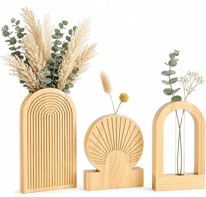 TBWIND Wooden Wall Vases Set of 3, Modern Farmhouse Arch Propagation Station with Glass Planter Tubes, Boho Fluted Hanging Decor for Entryway, Living Room & Narrow Spaces (Natural)