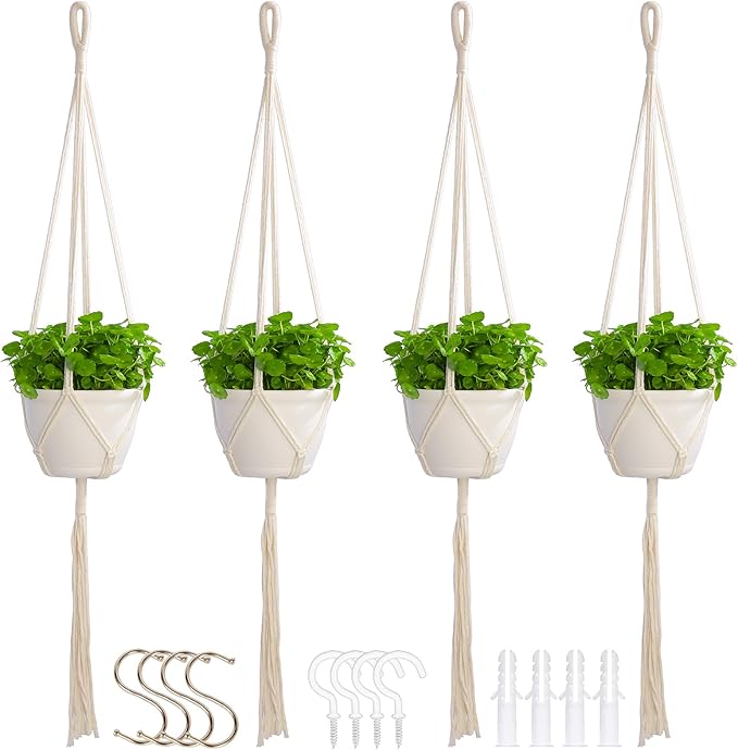 petonfun Macrame Plant Hangers Indoor Macrame,4 Pack Hanging Planter Holder for Window,Ceiling Crochet Handmade Boho Home Decor Set for Hanging Plants Basket Pot,Ivory